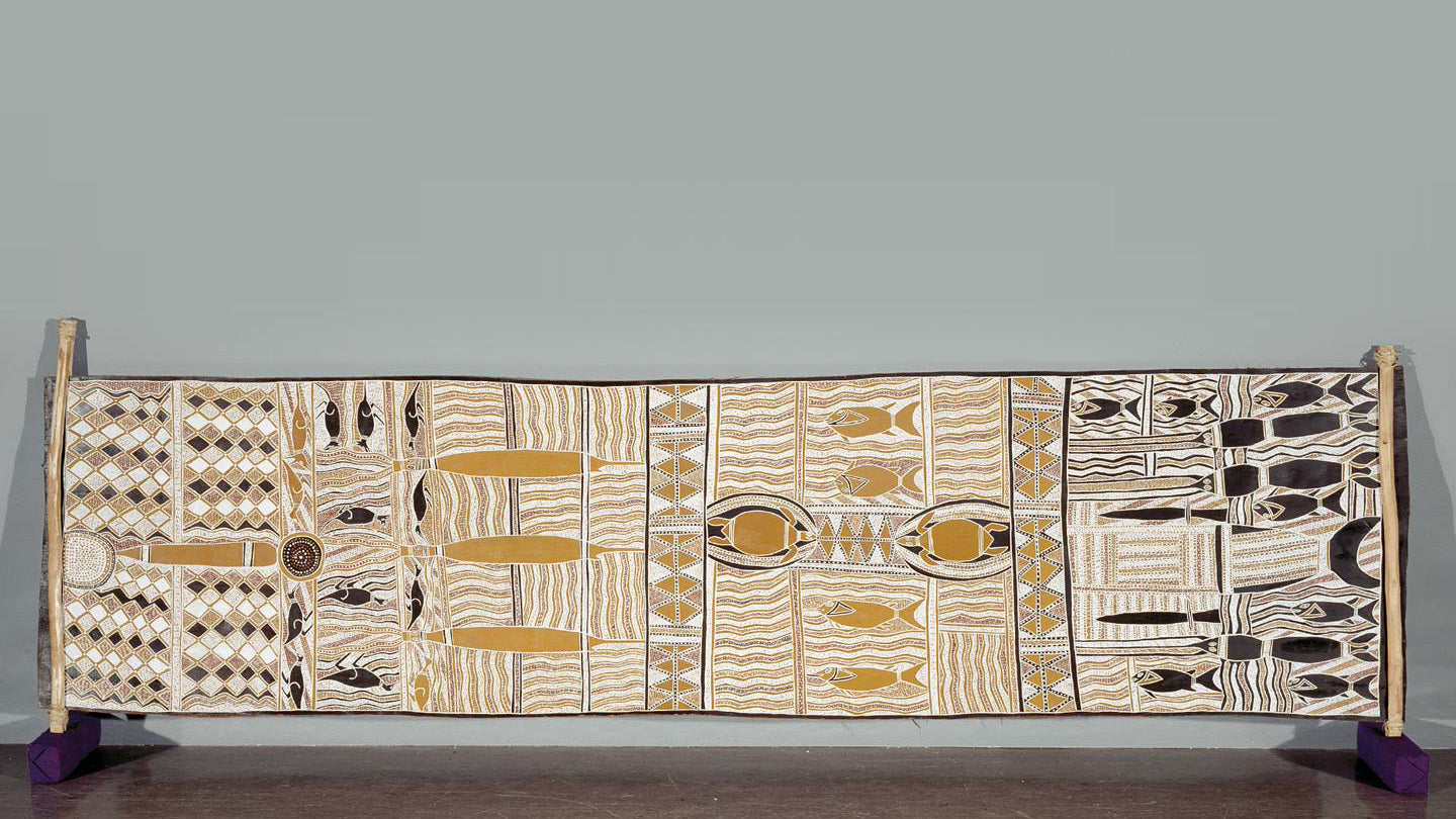 A long rectangular painting of Munyuku wanga - the country of the Munyuku clan. This is an Indigenous artwork.
