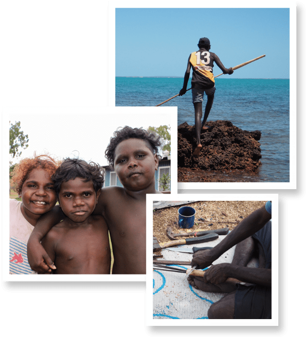 A montage of images shows the back of a man with a spear at the water's edge, a group of 3 children, and a person carving wood