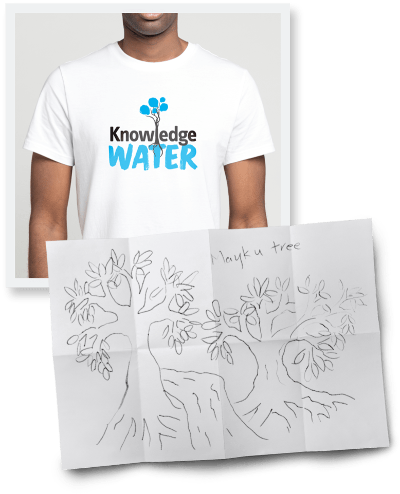 A picture of a male wearing a white tshirt showing the Knowledge Water logo above a hand-drawn representation of the logo