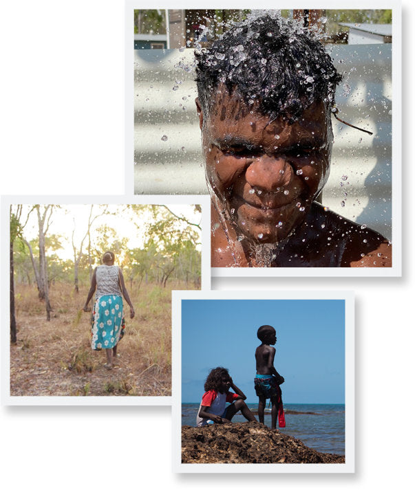 Montage showing a man being showered with water, a woman walking through the bush and 2 children on a rock looking out to sea