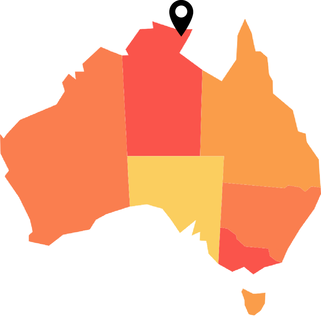 A colourful map of Australia sections each state with its own colour. An icon shows the location of Mandjawuy in the NT