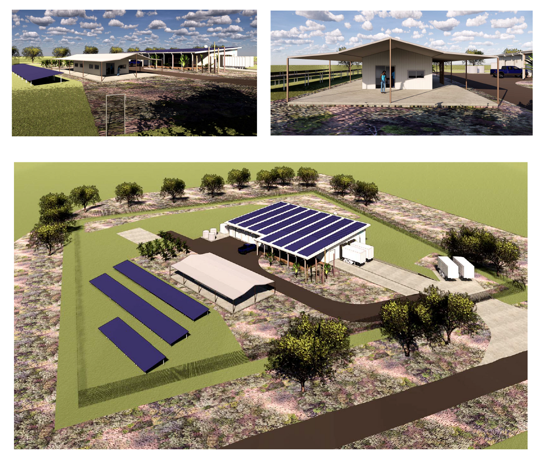A computer generated representation of a factory complex showing 3 elevations. Solar panels are visible on the roof and ground