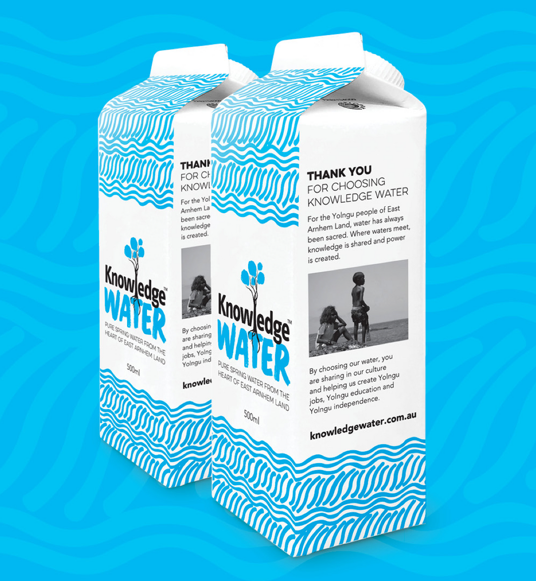 2 recyclable reusable and BPA free cartons of Indigenous spring Knowledge Water on blue patterned background