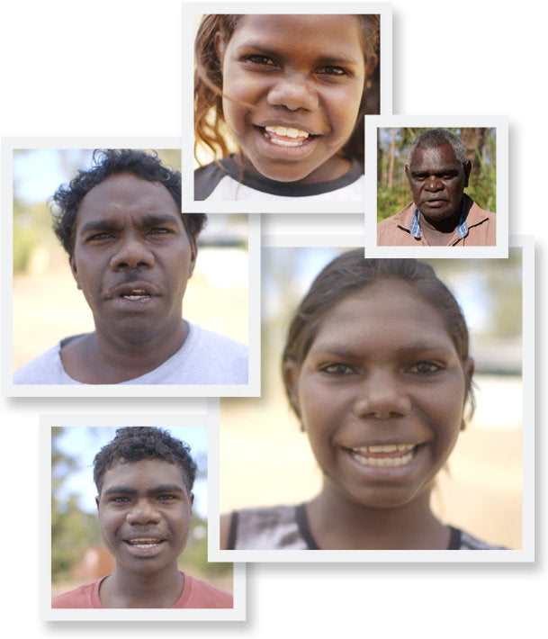 A photo montage of 5 smiling Indigenous people from the Mandjawuy community