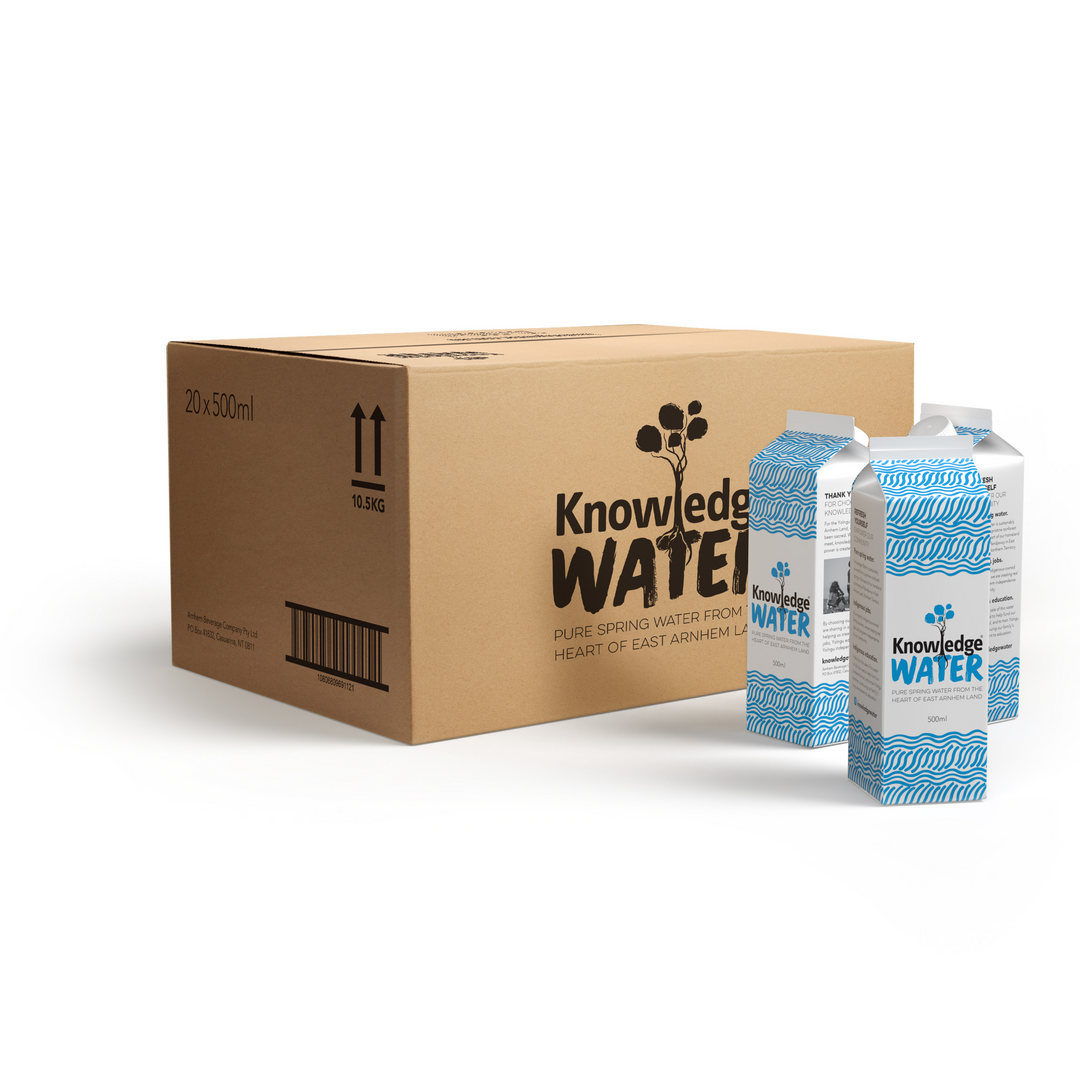 Three paperboard FSC certified cartons of Knowledge Water are displayed in front of a closed box with a Knowledge Water logo